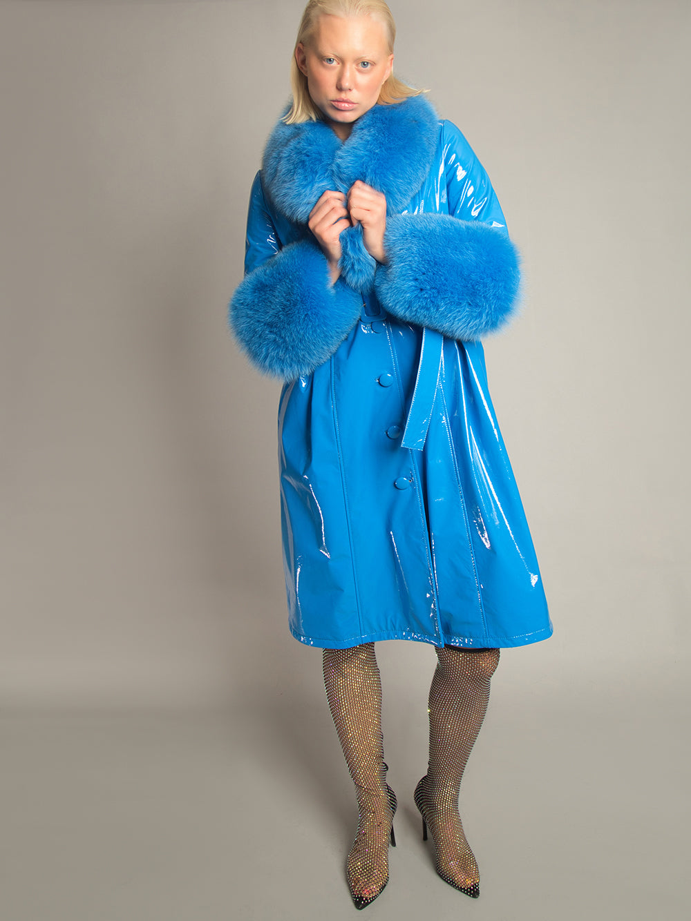 Patent Leather Coat w/ Fox Fur In Blue 9