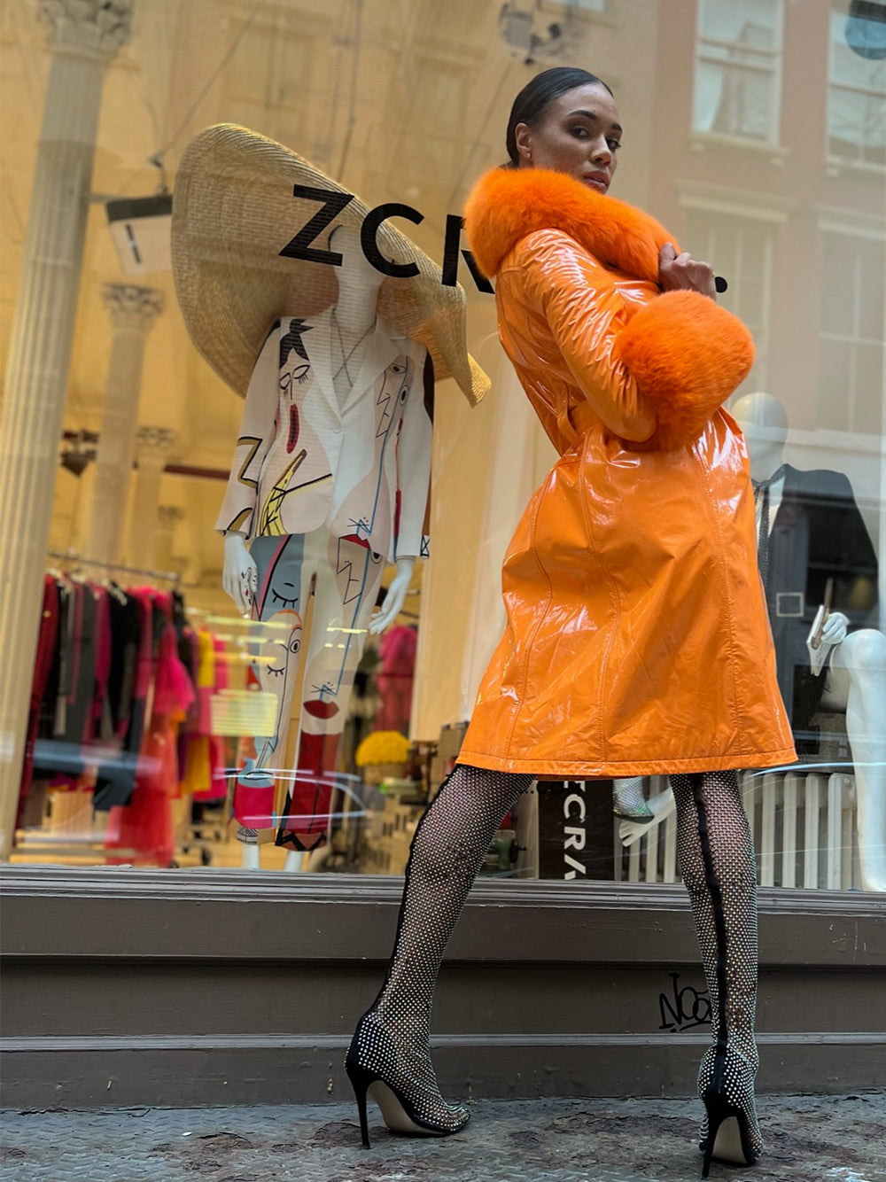 Patent Leather Coat w/ Fox Fur In Orange 28