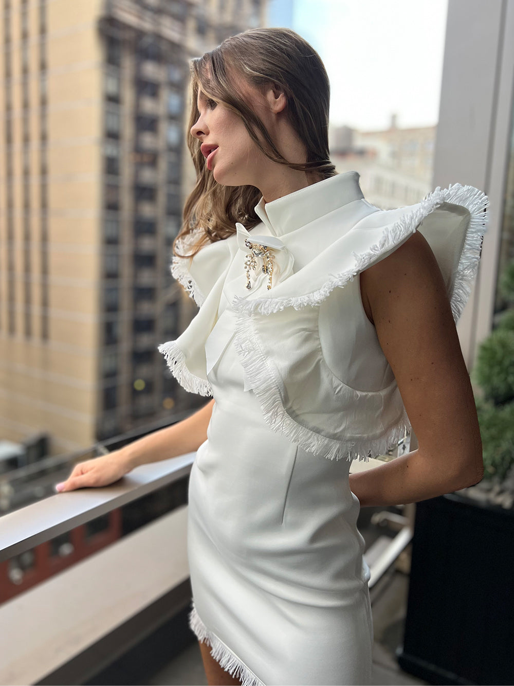 Mock Neck Frayed Ruffle Crystal Trim Bodycon Mini Dress 6