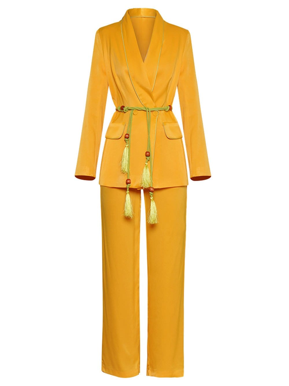 Tasseled Satin Blazer + Pants in Gold 2