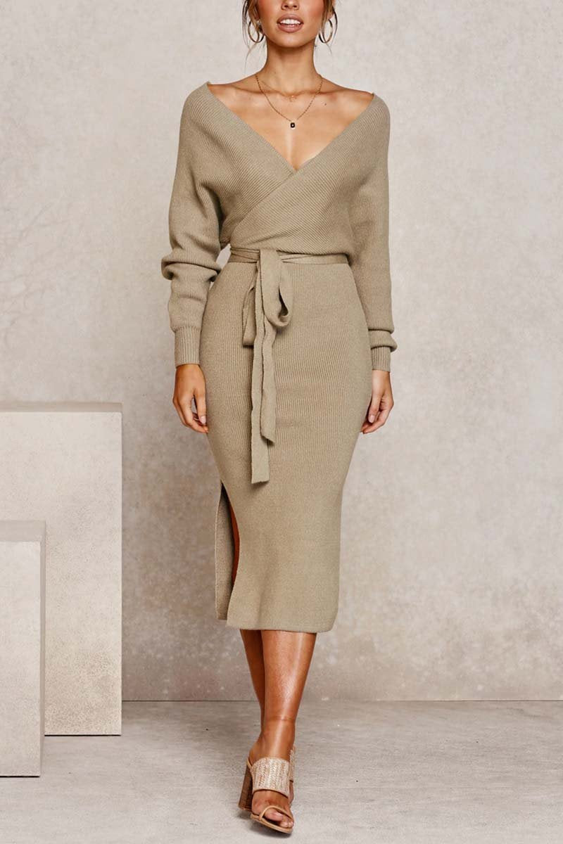 Florcoo Elegant V Neck Backless Sweater Dress in 5 Colors