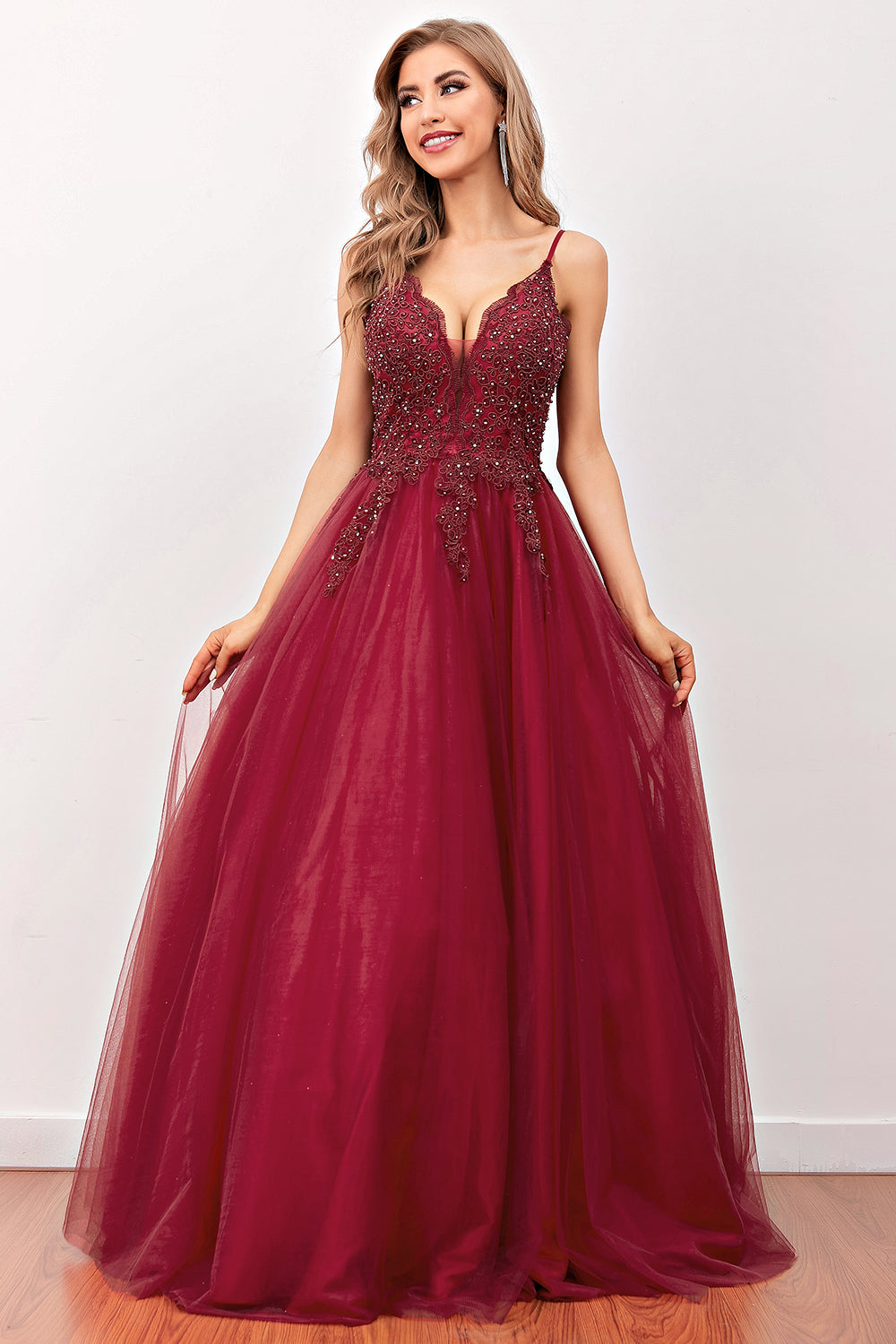 Burgundy Beaded Long Prom Dress - Fashionpara