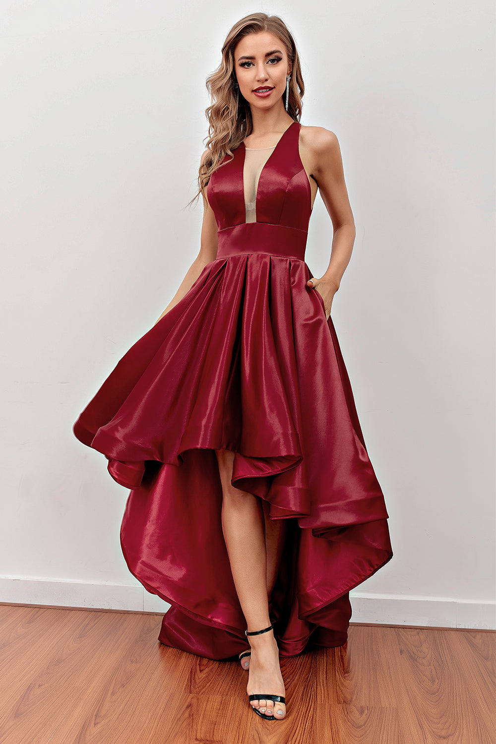 Burgundy High Low Prom Dress with Pockets - Fashionpara