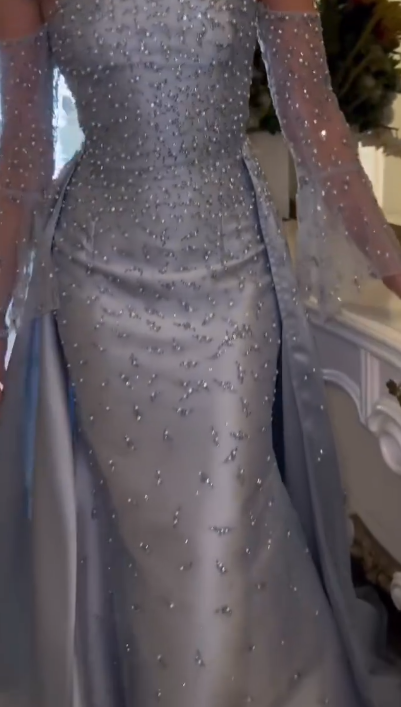 Gorgeous Blue Satin Tulle Beaded Mermaid Evening Dress Long Birthday Party Dress D1252