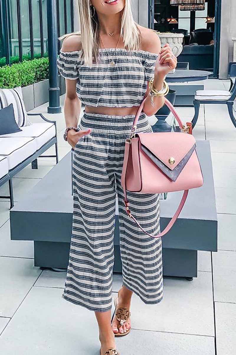 Florcoo Dew Shoulder Gray Stiped Two-piece Pants Set