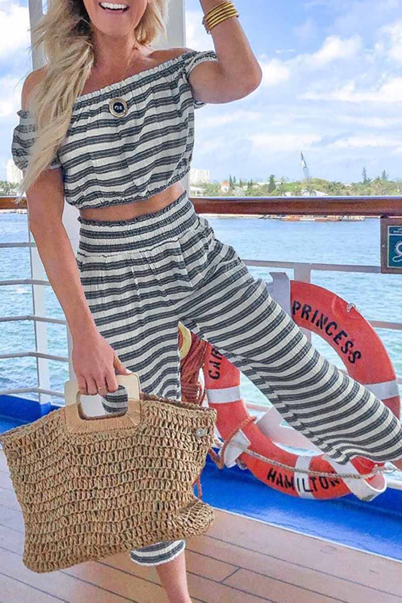 Florcoo Dew Shoulder Gray Stiped Two-piece Pants Set