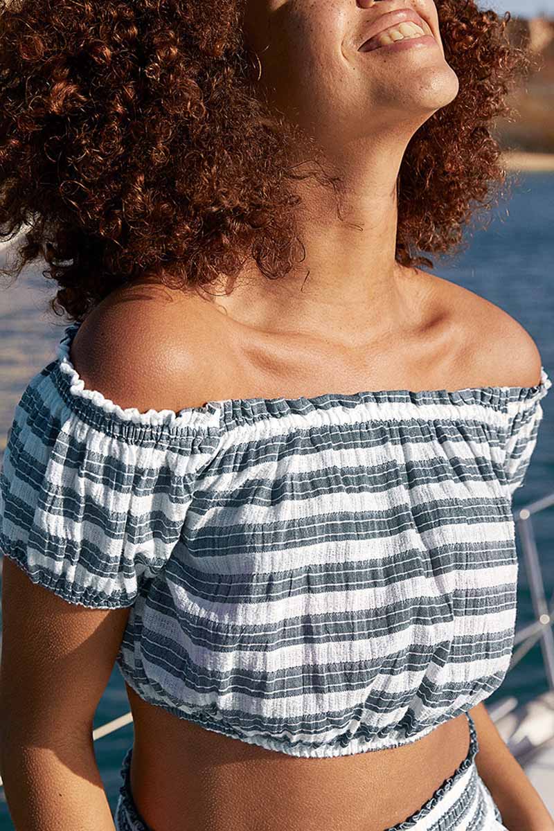 Florcoo Dew Shoulder Gray Stiped Two-piece Pants Set