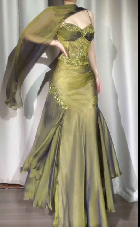 Vintage Spaghetti Strap Corset Two-Piece Prom Dress Chiffon Green Evening Dresses With Scarf D1451