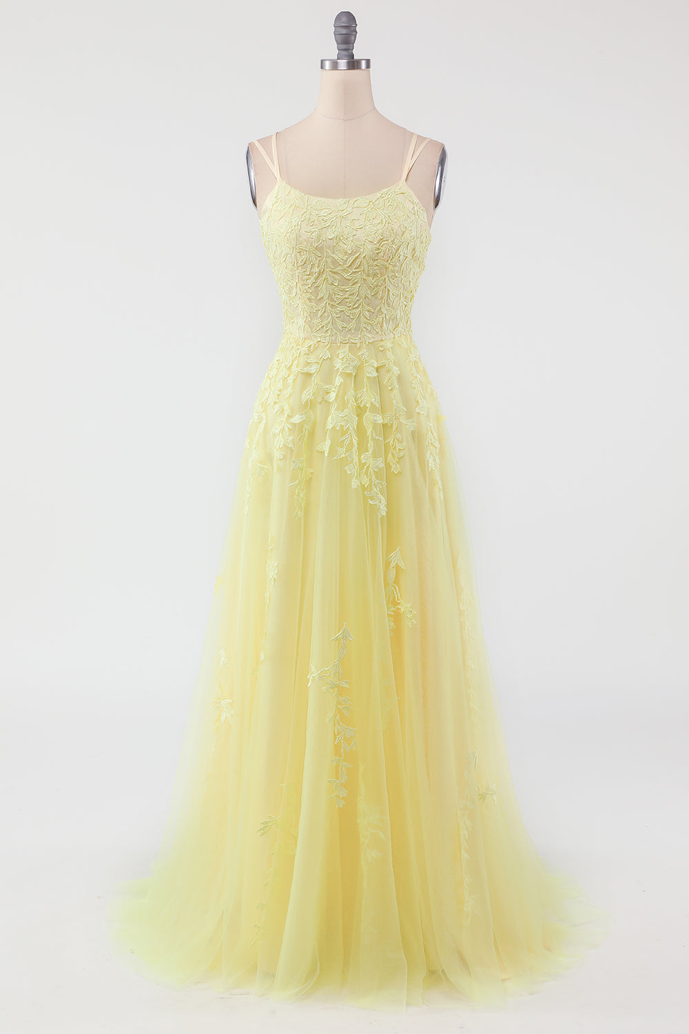 A-Line Purple Spaghetti Straps Long Prom Dress with Appliques - Fashionpara