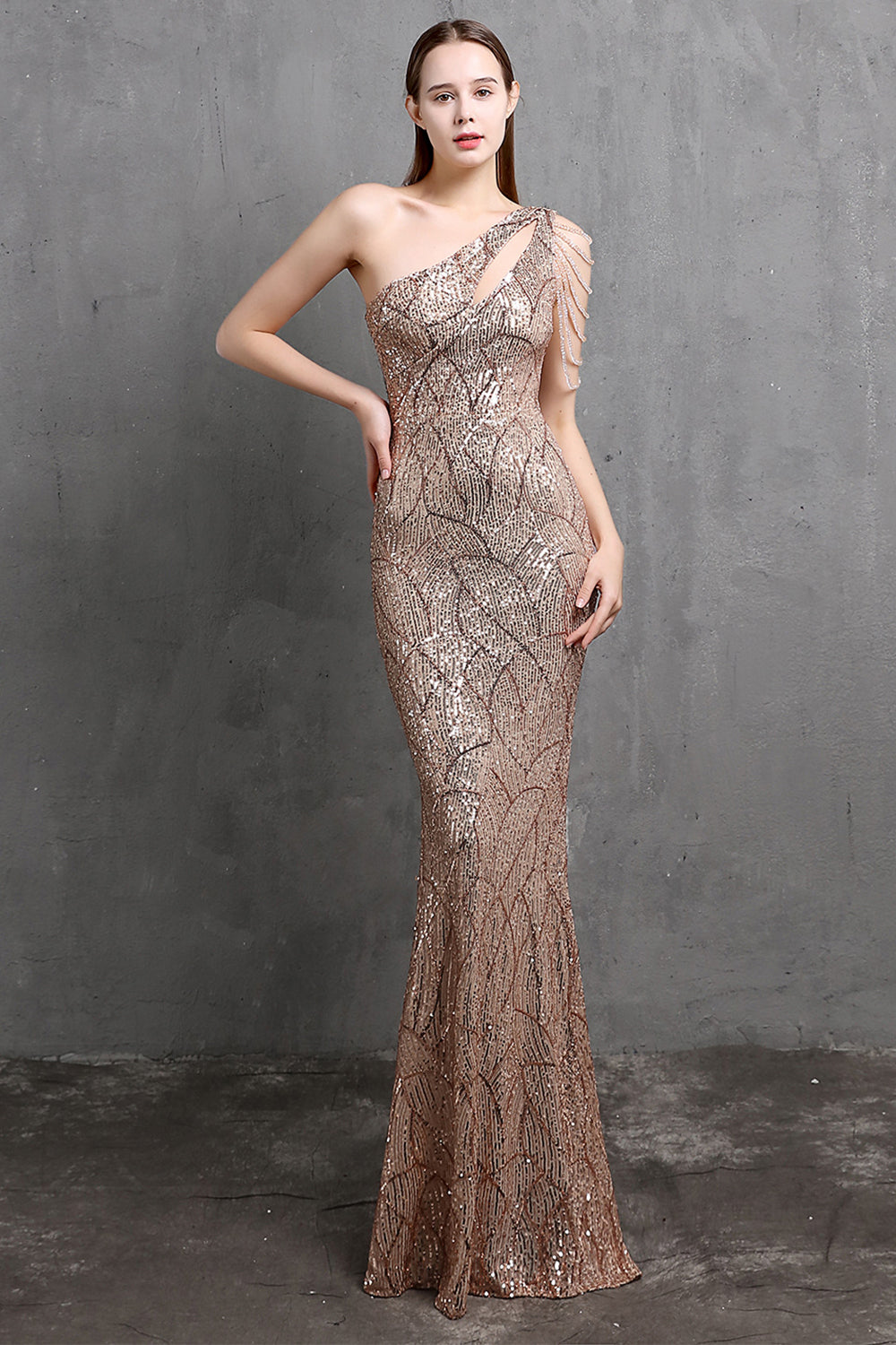 Gold Mermaid One Shoulder Sequin Prom Dresses - Fashionpara