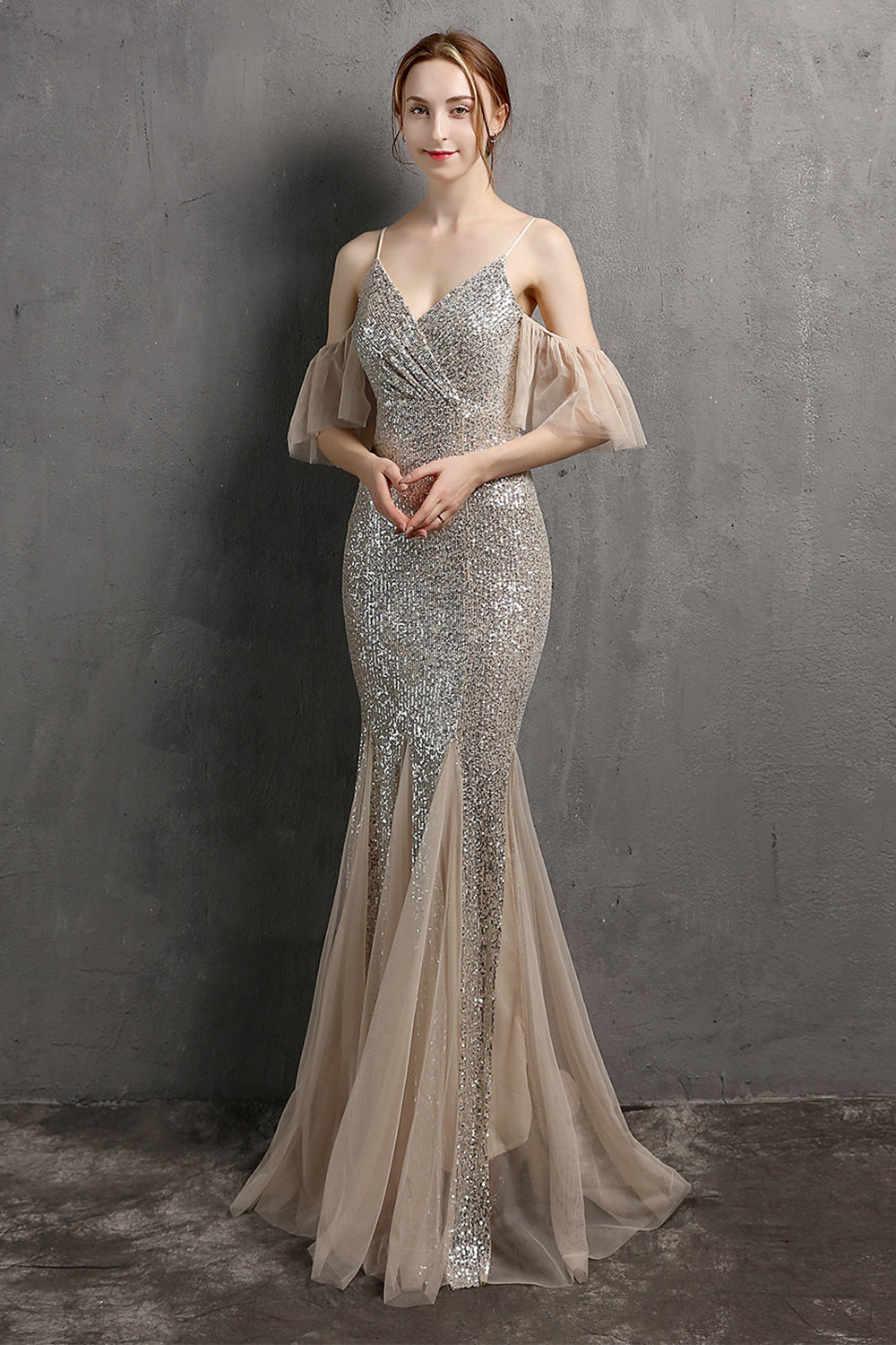 Champagne Sequin Long Prom Dress with Ruffles - Fashionpara
