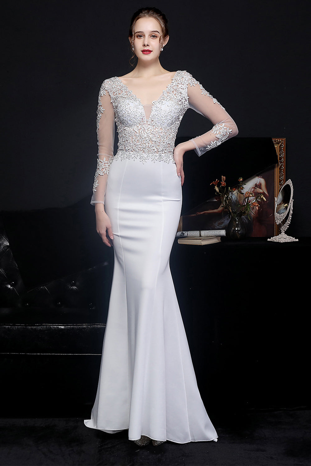 White Applique Mermaid Prom Dress - Fashionpara