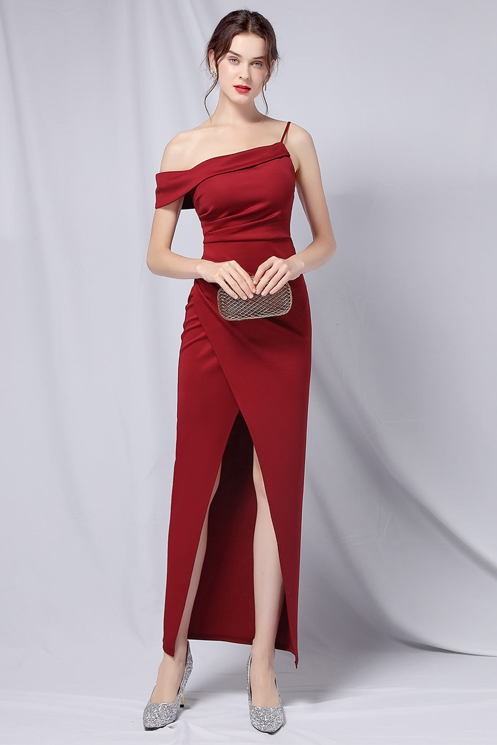 Burgundy One Shoulder Prom Dress with Slit - Fashionpara