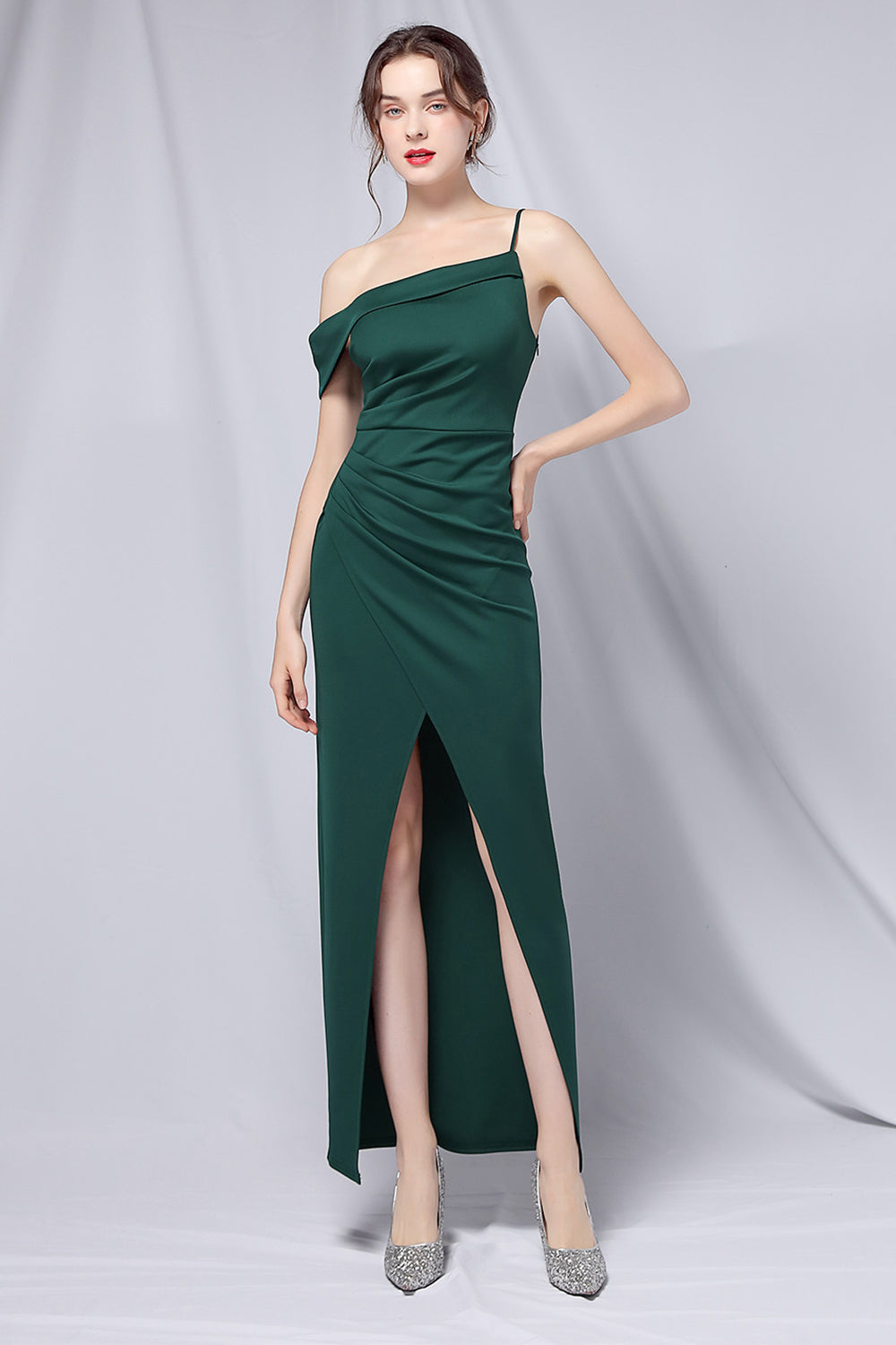 Burgundy One Shoulder Prom Dress with Slit - Fashionpara