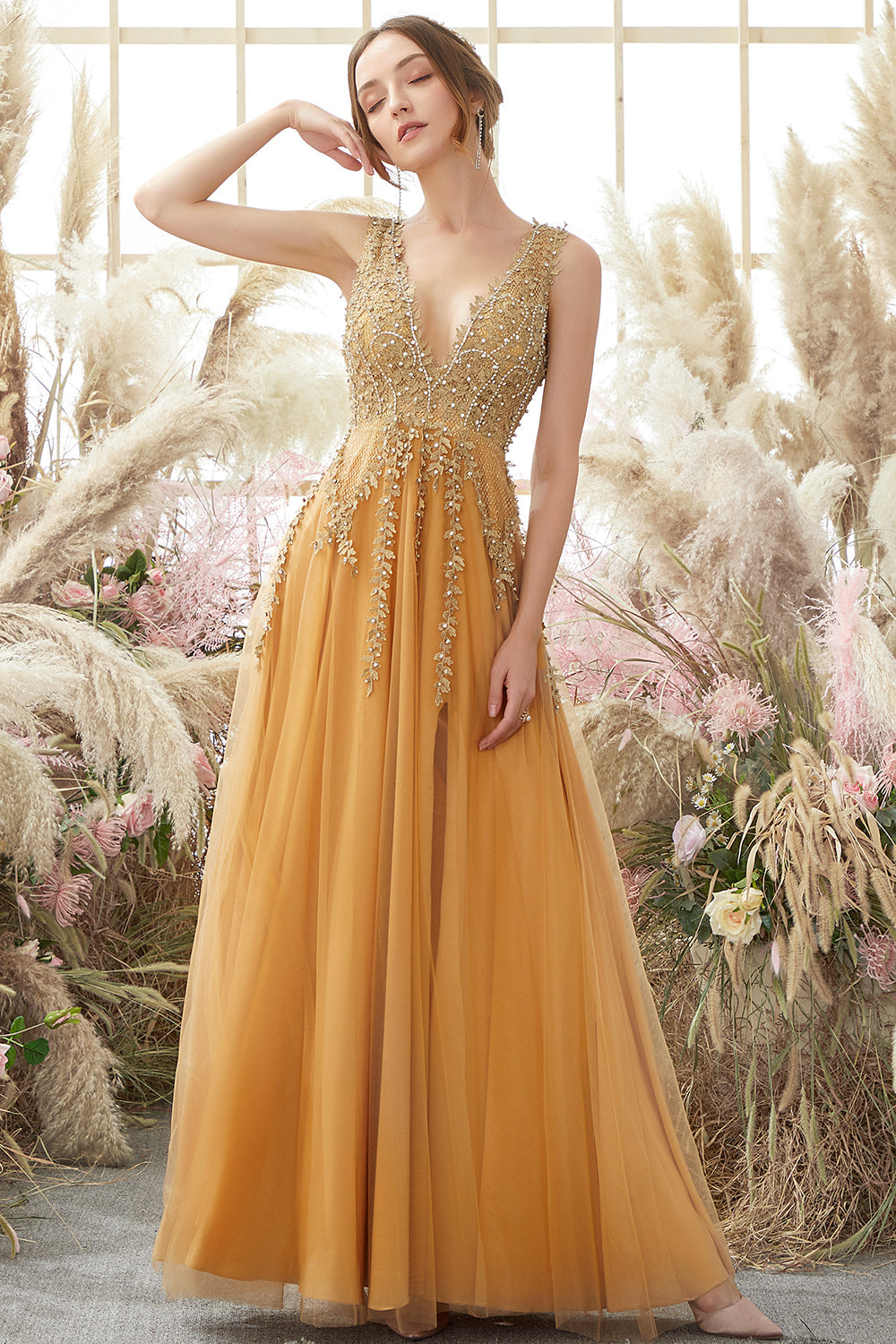 Deep V-neck Long Prom Dress with Appliques - Fashionpara