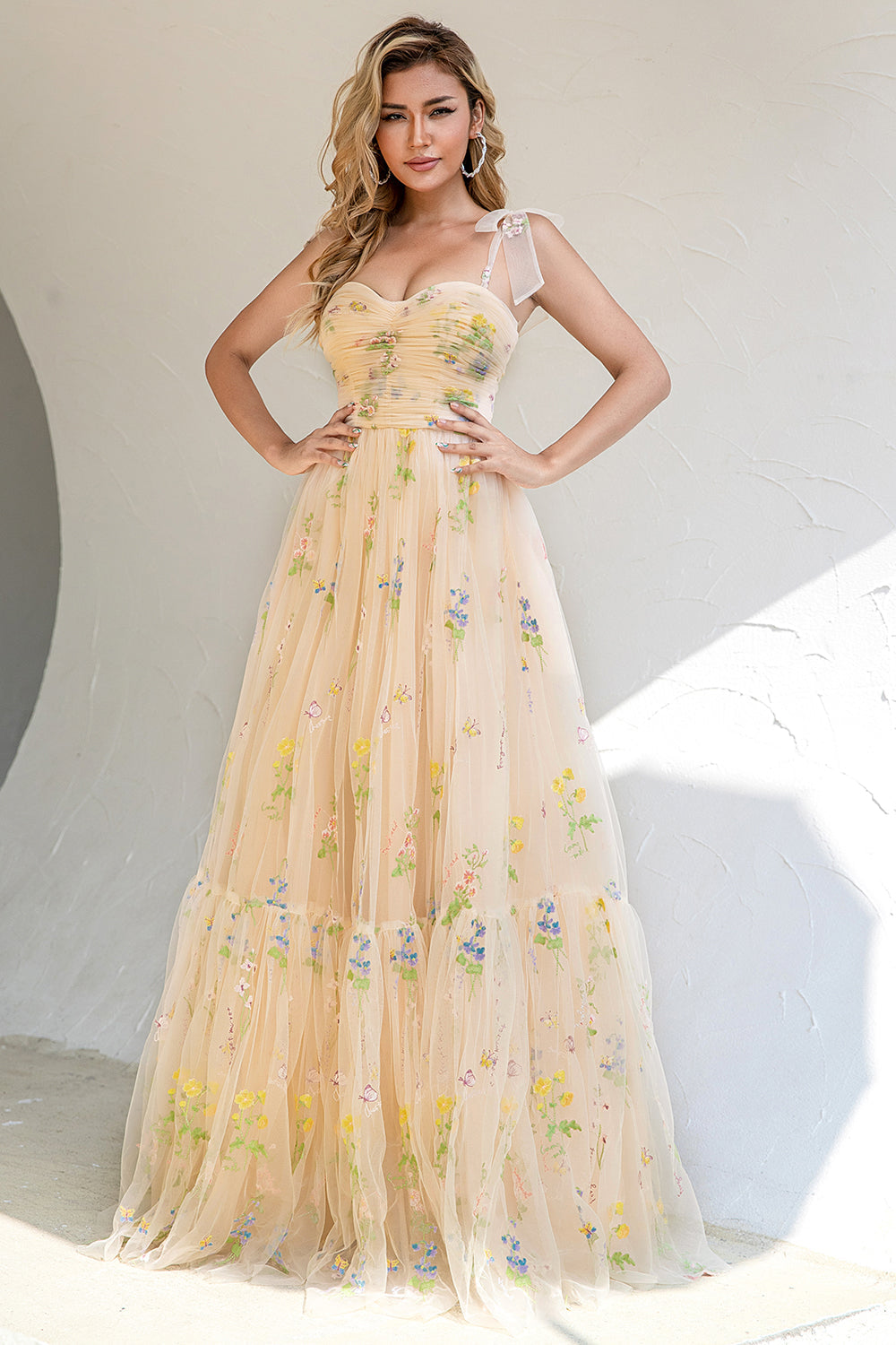 A Line Spaghetti Straps Champagne Prom Dress with Appliques - Fashionpara