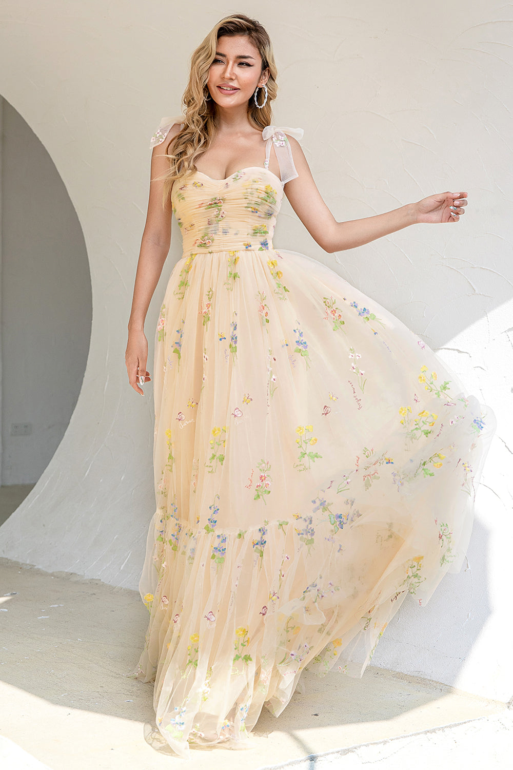 A Line Spaghetti Straps Champagne Prom Dress with Appliques - Fashionpara