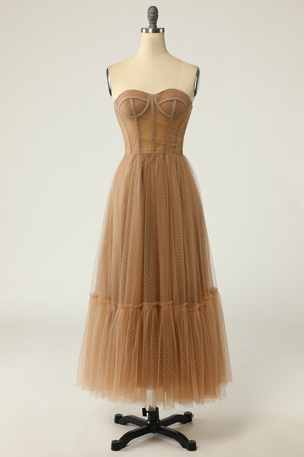 Khaki Polka Dots Corset Prom Dress - Fashionpara