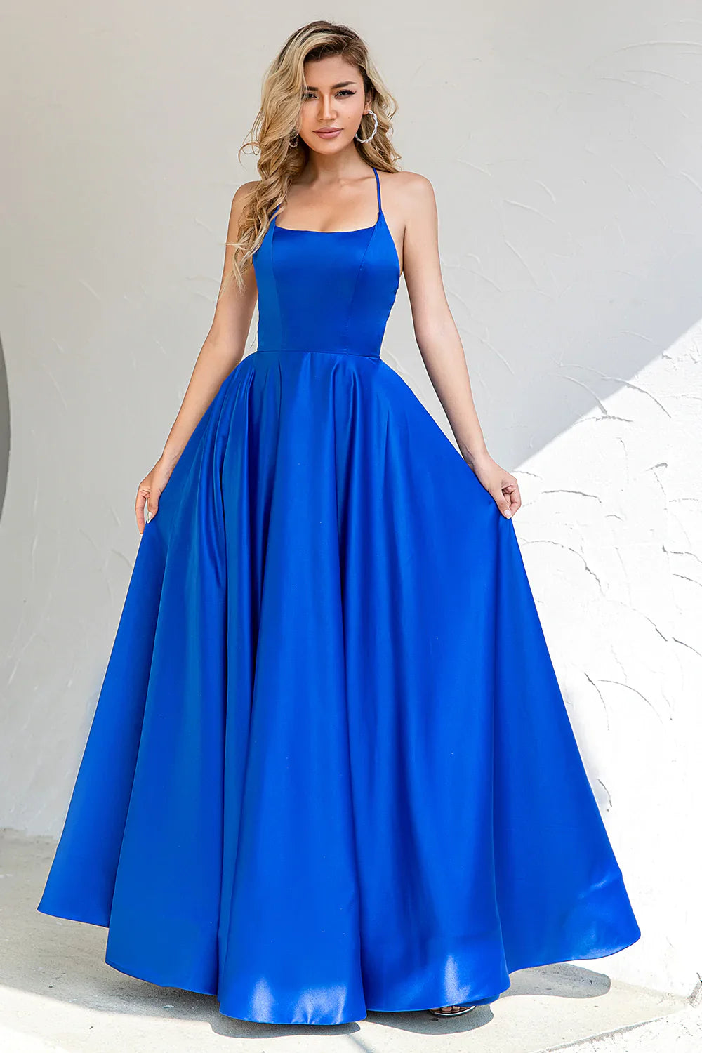 Royal Blue Backless Spaghetti Straps Satin Prom Dress - Fashionpara