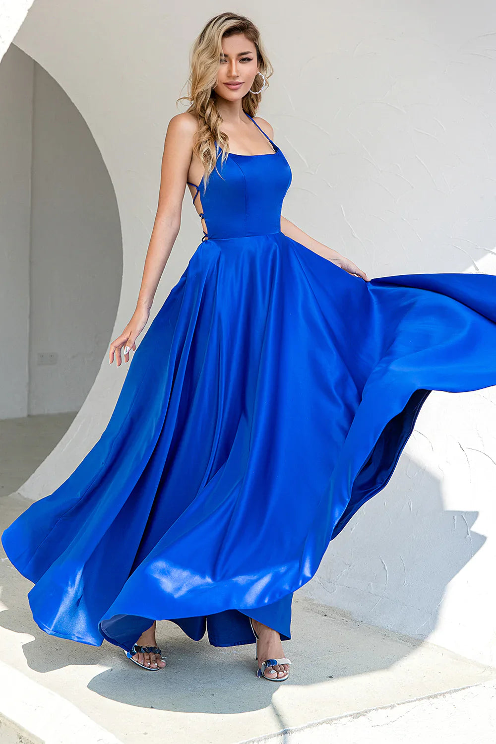 Royal Blue Backless Spaghetti Straps Satin Prom Dress - Fashionpara