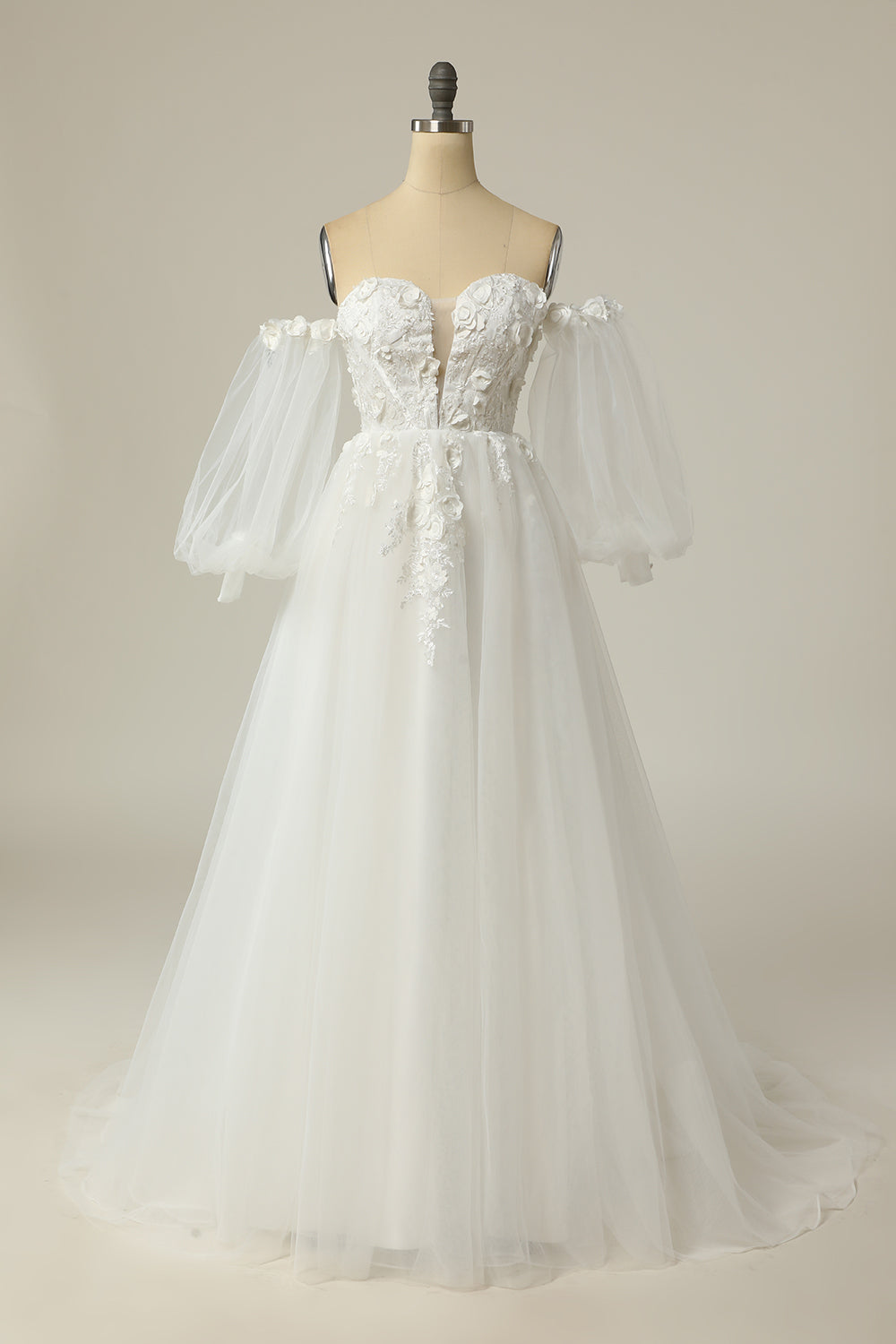A Line Off the Shoulder Ivory Bridal Dress with Long Sleeves - Fashionpara