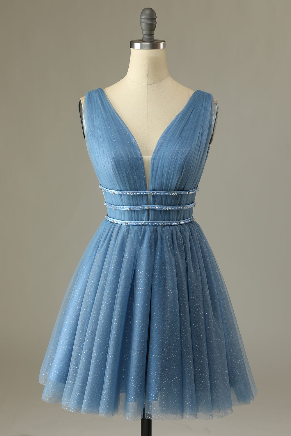 Glitter Grey Blue Tulle Short Homecoming Dress - Fashionpara