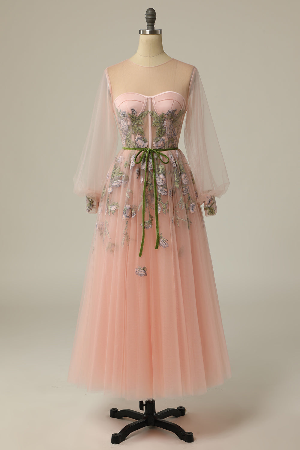 A Line Jewel Light Nude Long Prom Dress with Embroidery - Fashionpara