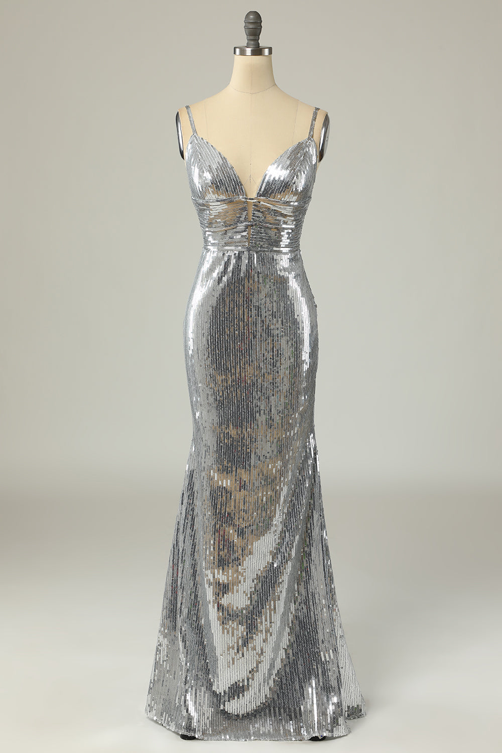 Mermaid Spaghetti Straps Silver Sequins Long Prom Dress Backless - Fashionpara
