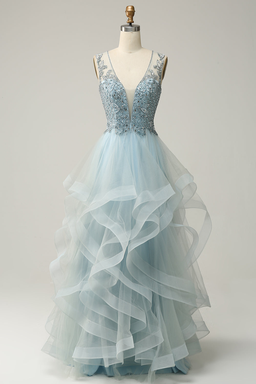 A Line Deep V Neck Light Blue Long Prom Dress with Appliques - Fashionpara