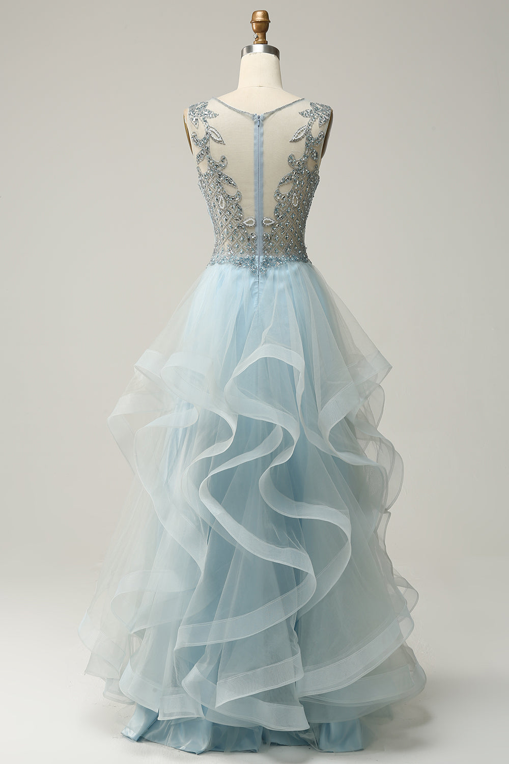 A Line Deep V Neck Light Blue Long Prom Dress with Appliques - Fashionpara