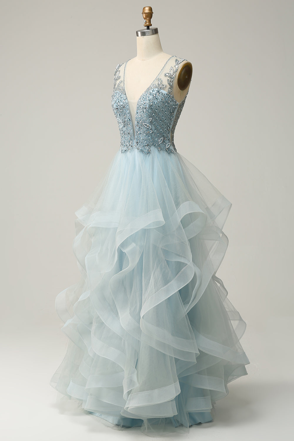 A Line Deep V Neck Light Blue Long Prom Dress with Appliques - Fashionpara