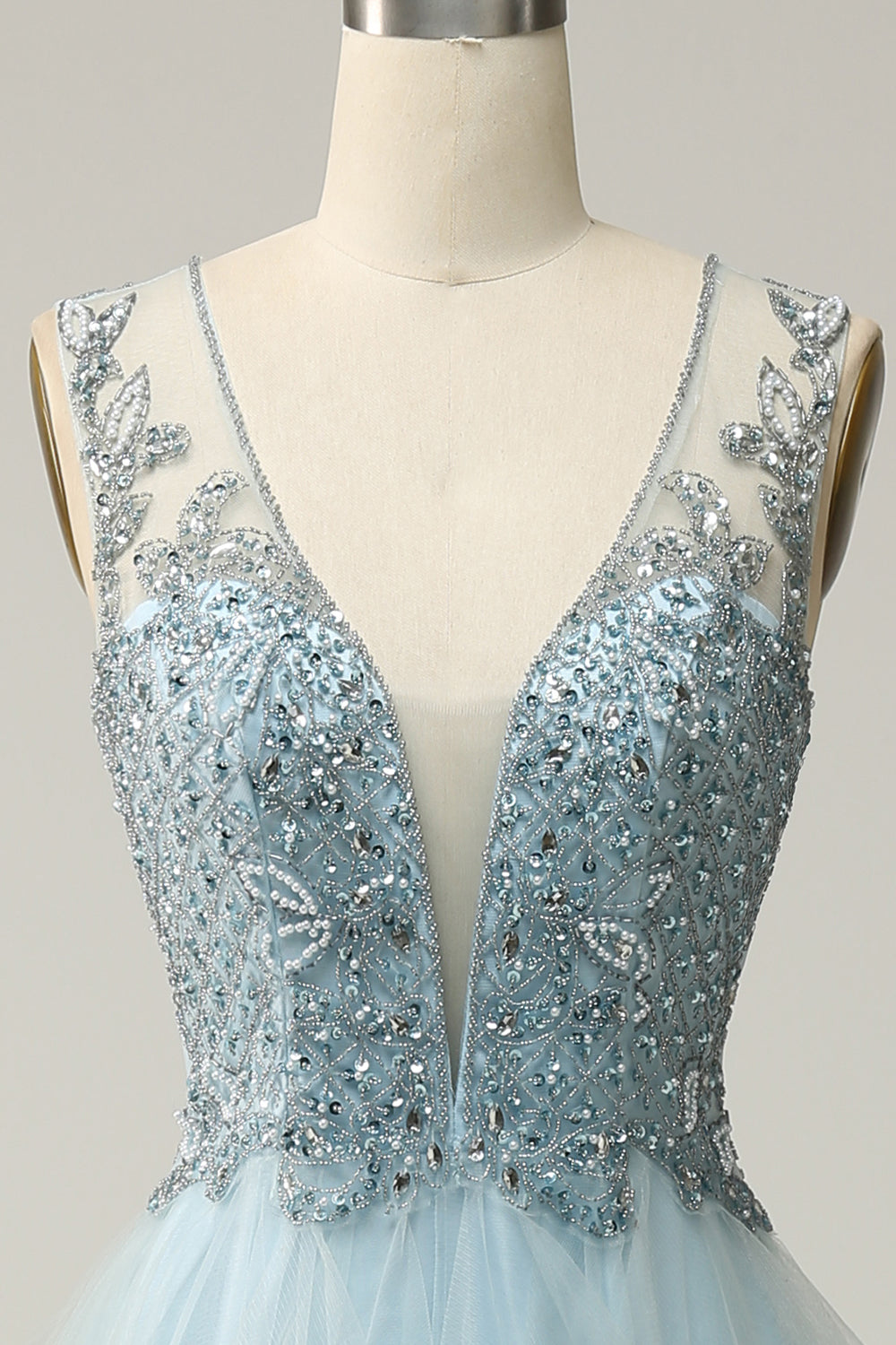 A Line Deep V Neck Light Blue Long Prom Dress with Appliques - Fashionpara