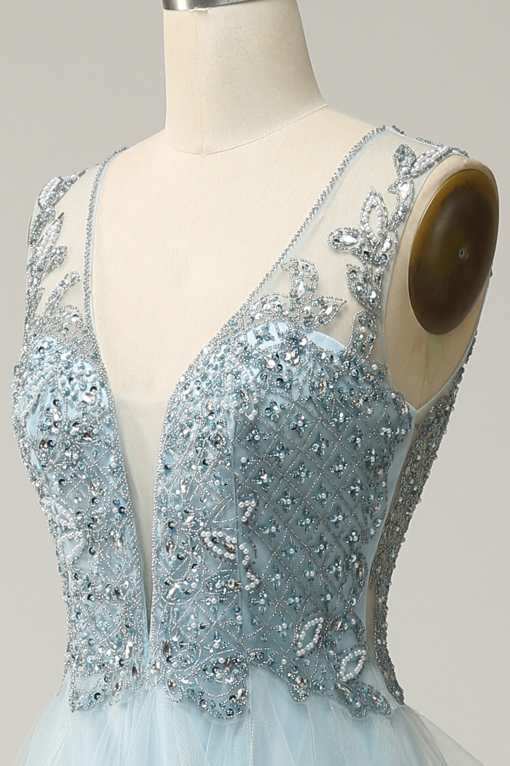 A Line Deep V Neck Light Blue Long Prom Dress with Appliques - Fashionpara