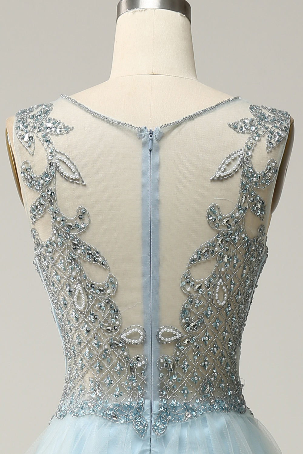 A Line Deep V Neck Light Blue Long Prom Dress with Appliques - Fashionpara