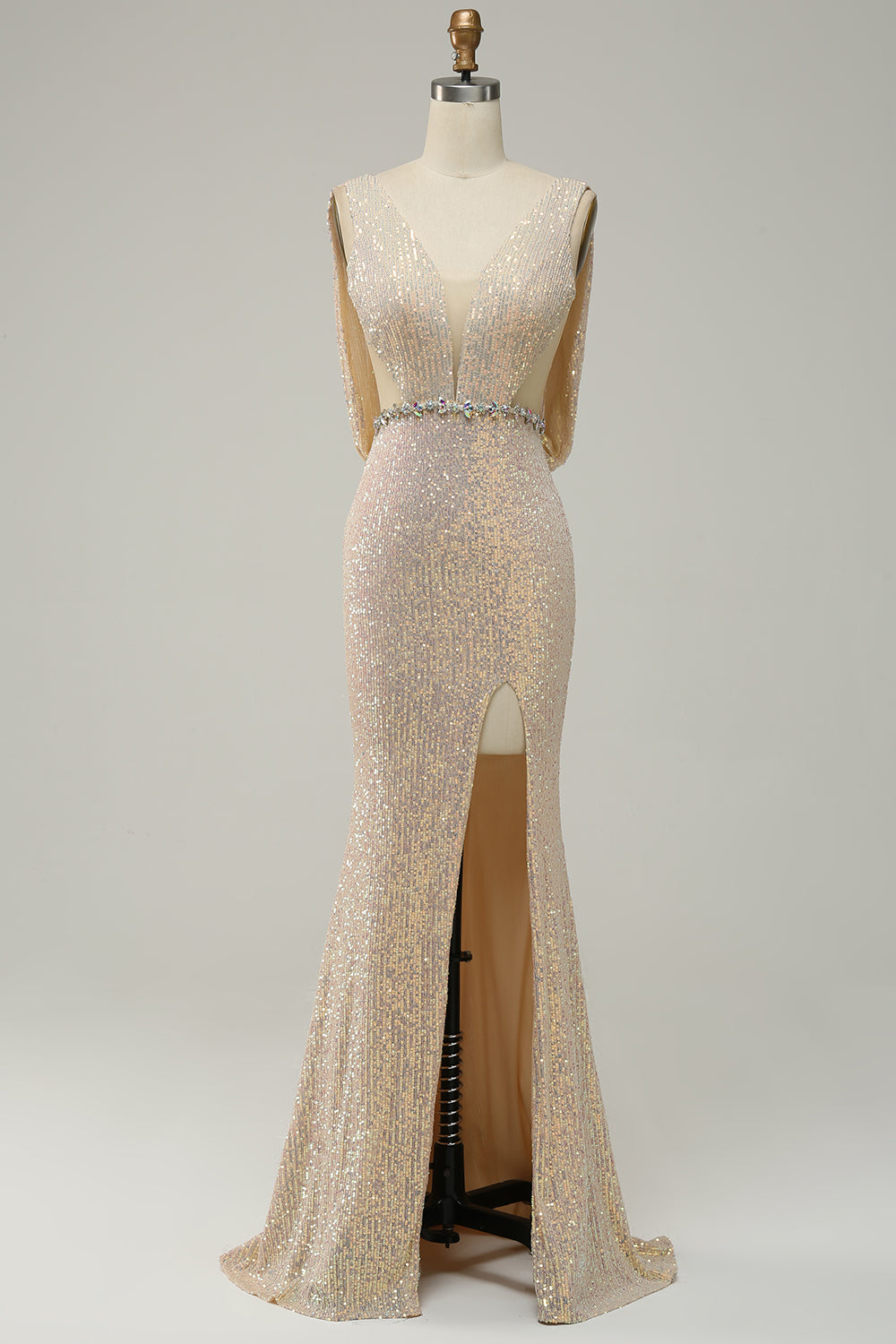 Sheath Deep V Neck Champagne Sequins Long Prom Dress with Split Front - Fashionpara