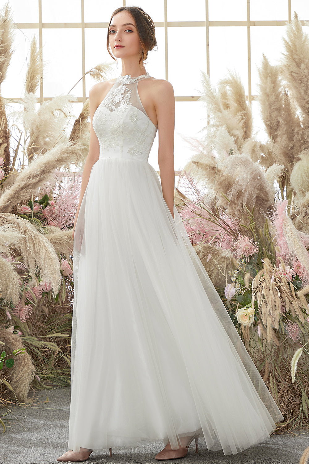 White Halter Neck Wedding Dress - Fashionpara