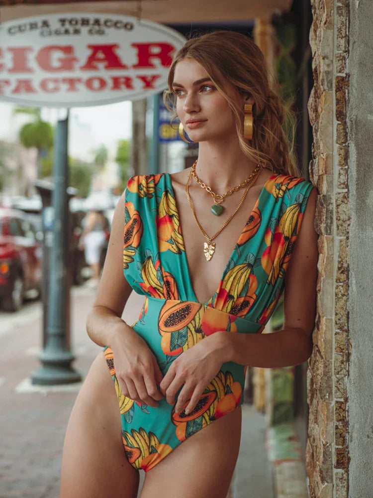 Tropical Printed Push Up Swimsuit One Piece - Fashionpara