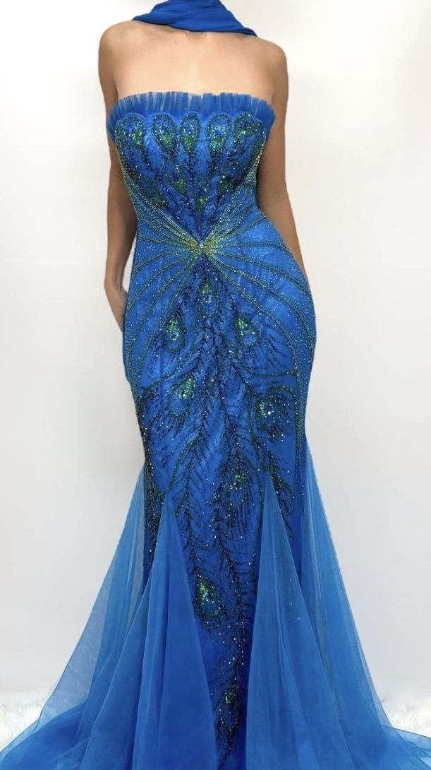 Gorgeous Blue Strapless Tulle Sequin Beaded Mermaid Evening Dress Formal Birthday Party Gown With Ribbon D1150