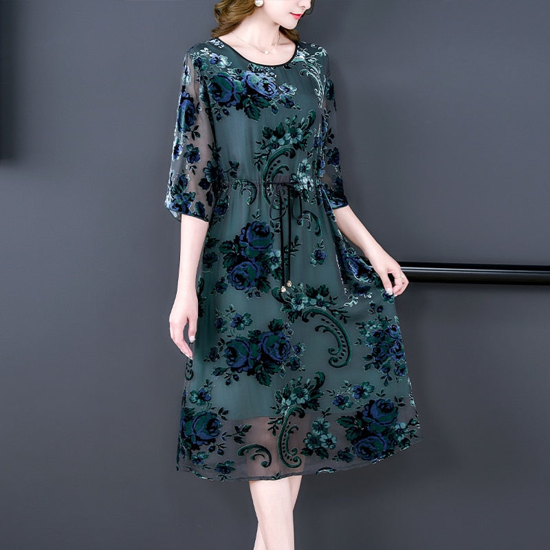 Velvet Burnout Floral Round Neck Drawstring Waist Midi Dress - View 2