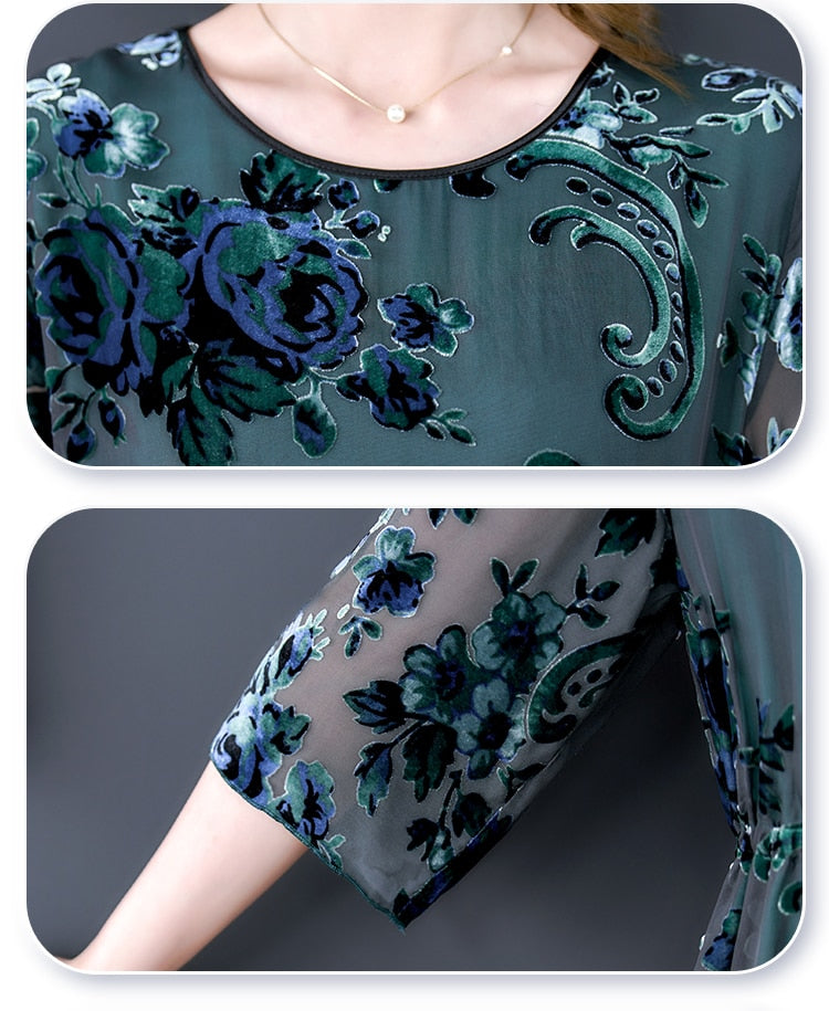 Velvet Burnout Floral Round Neck Drawstring Waist Midi Dress - View 5
