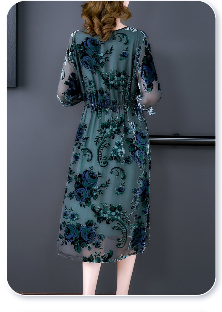 Velvet Burnout Floral Round Neck Drawstring Waist Midi Dress - View 4