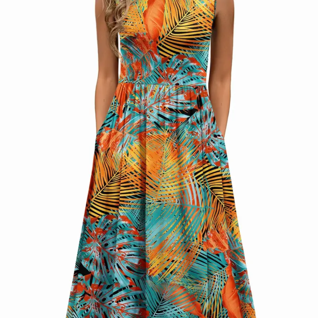 Crew Neck Sleeveless Floral Pocket Midi Dress 7