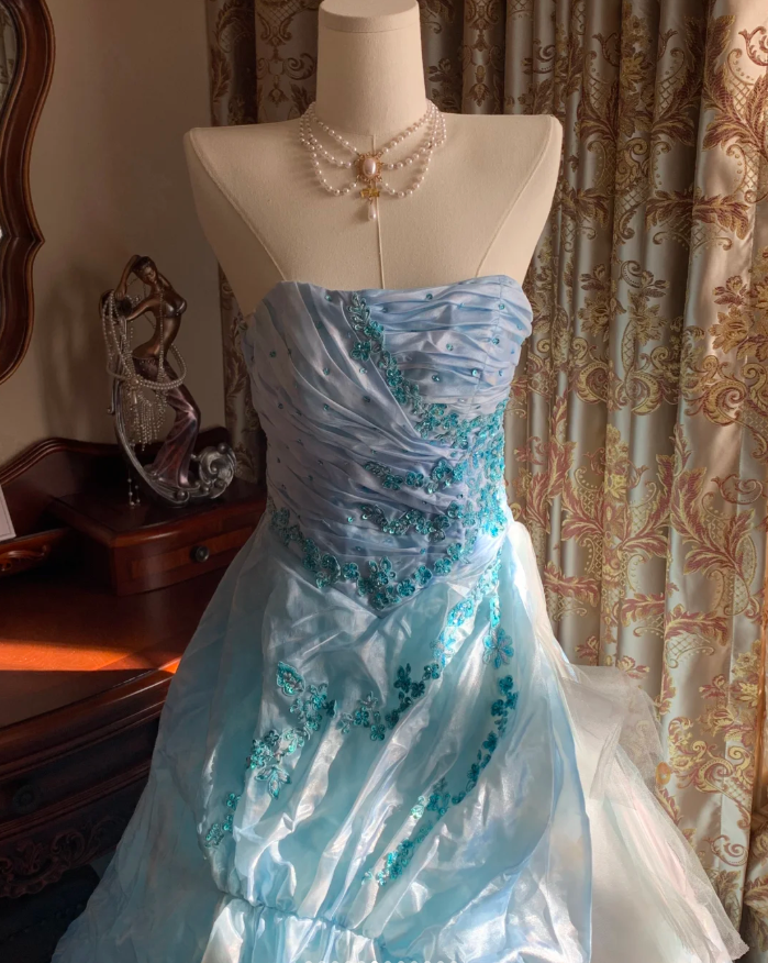 Elegant Blue Strapless Tulle Satin Appliques Long Party Dress Birthday Prom Gown D1772