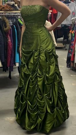 Pretty Strapless Satin Pleated Beaded Ball Gown Green Long Party Dress D1284