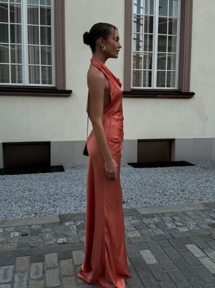 Classy Coral Pink Halter Backless Satin Mermaid Party Dress Long Wedding Guest Dress Evening Gown D1466