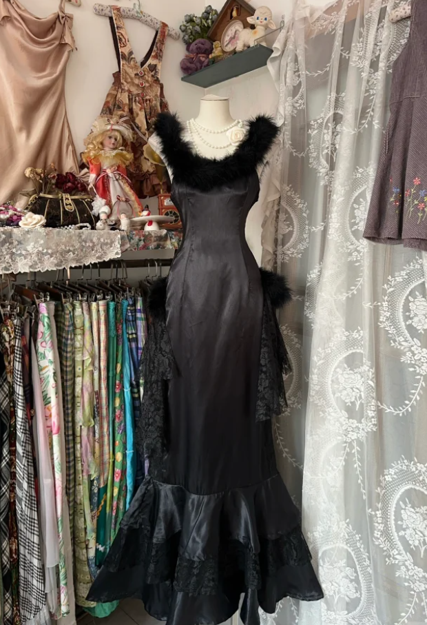 Fashion Black Sleeveless Satin Lace Mermaid Evening Dress Long Birthday Prom Dress Party Gown D1758