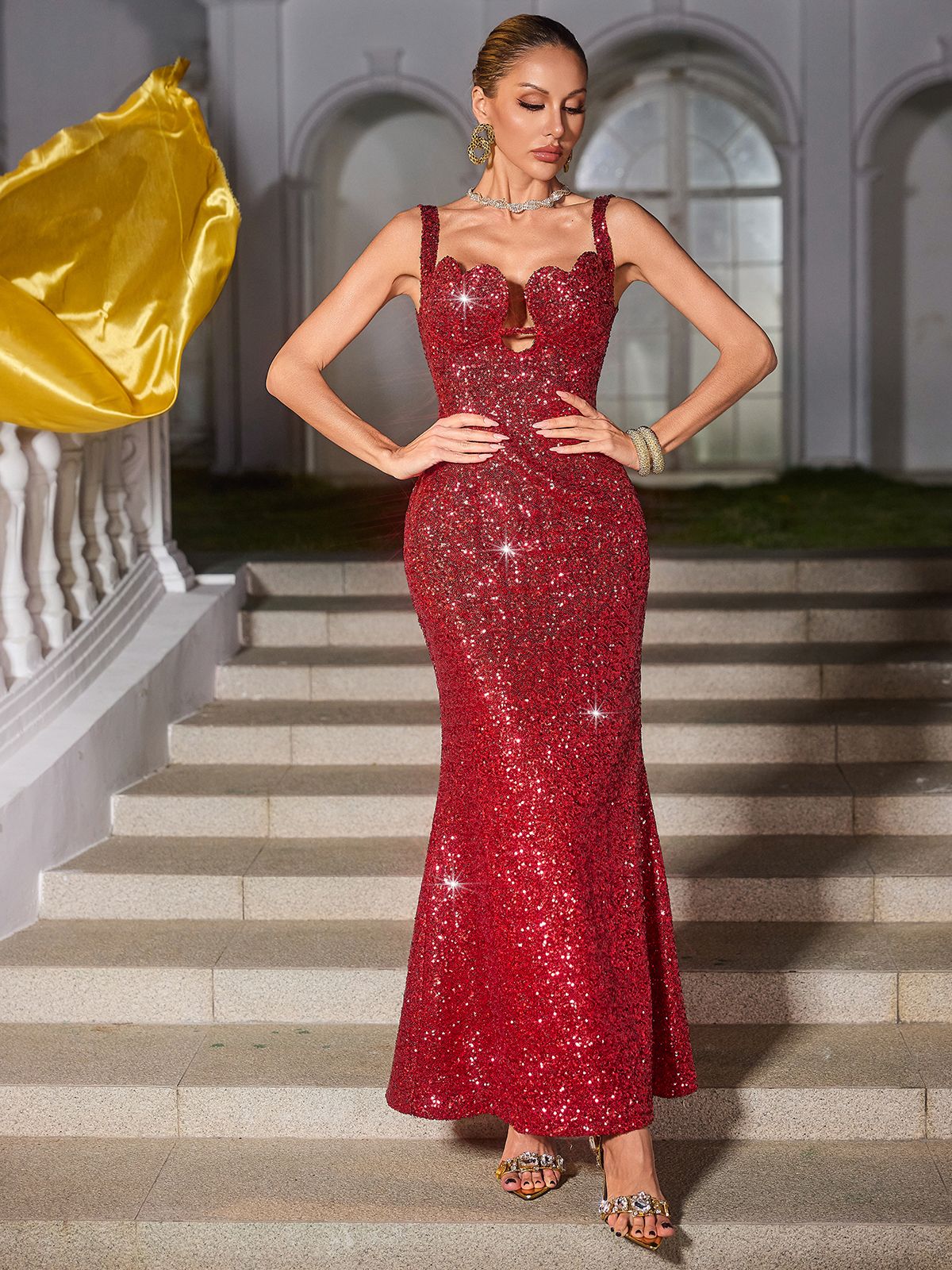 Sequin Scalloped Sweetheart Cut Out Mermaid Maxi Gown - View 3