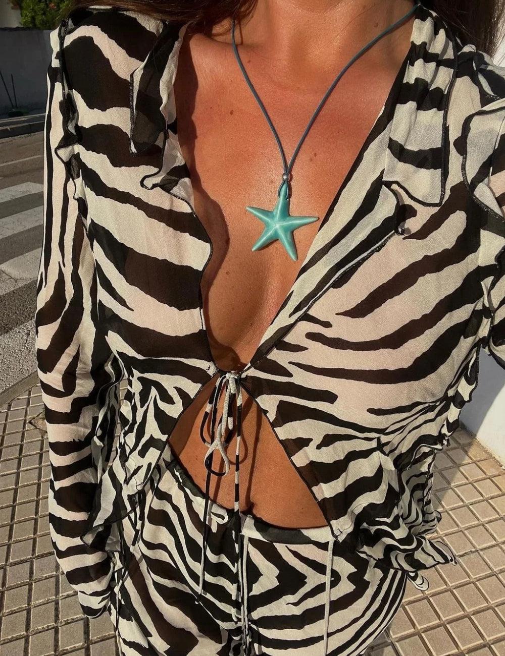 Zebra Tie Up Blouse & Pants Two Piece Set - Fashionpara