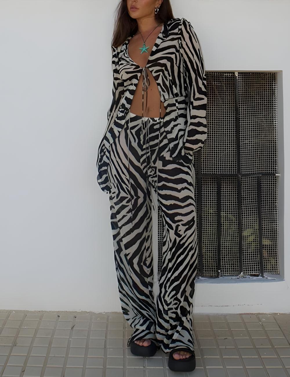 Zebra Tie Up Blouse & Pants Two Piece Set - Fashionpara