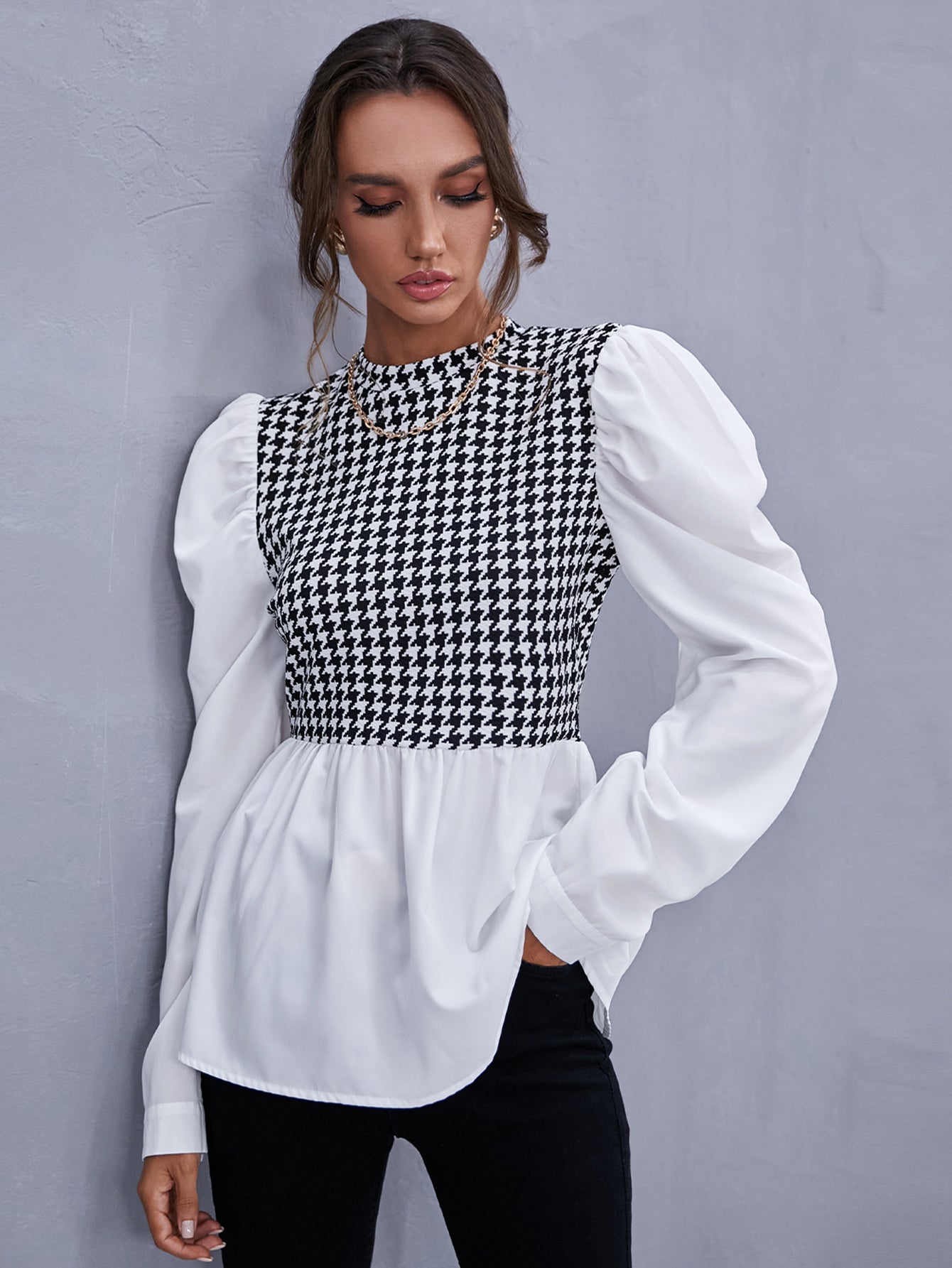 Zipper Back Houndstooth Blouse - Fashionpara